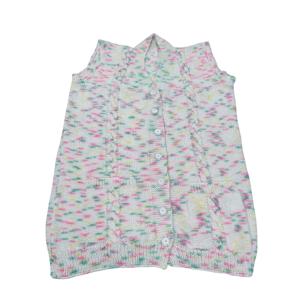 Hand Knit Sweater Vest Womens Small Cottagecore Pastel Speckled Button Cardigan